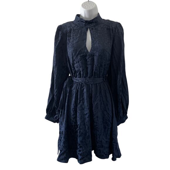 Anthropologie Dress Womens Medium Petite Blue Mini Jacquard High Collar Belted - Picture 1 of 11